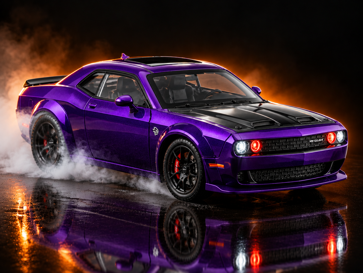 Dodge Challenger Hellcat, fioletowy, poślizg