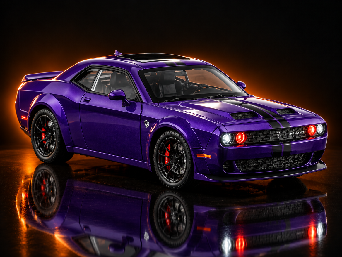 Dodge Challenger Hellcat, fioletowy, autko RC do driftu